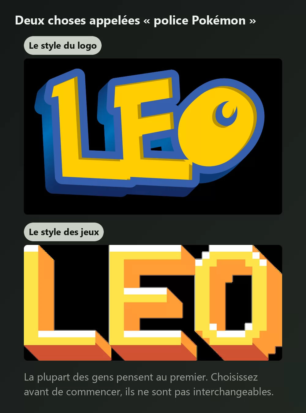Le même prénom affiché deux fois, d'abord en grosses lettres jaunes au contour bleu profond comme le logo Pokémon, puis en lettres pixel orange carrées comme un écran de console portable des débuts