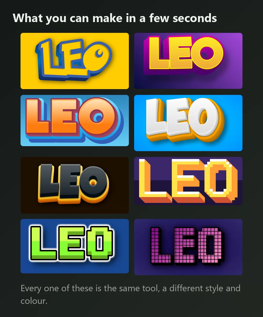 Eight versions of the same name in Pokemon style lettering, in yellow, purple, orange, blue, dark brown, pixel orange, pixel green and pixel pink