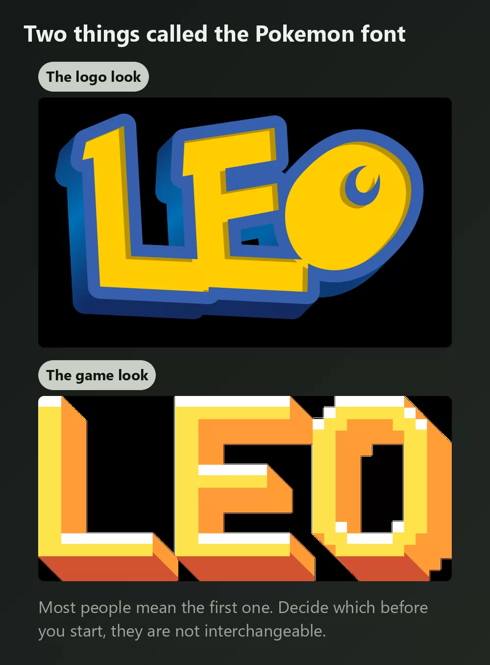 The same name shown twice, once in thick yellow letters with a deep blue outline like the Pokemon logo, and once in blocky orange pixel letters like an early handheld game screen