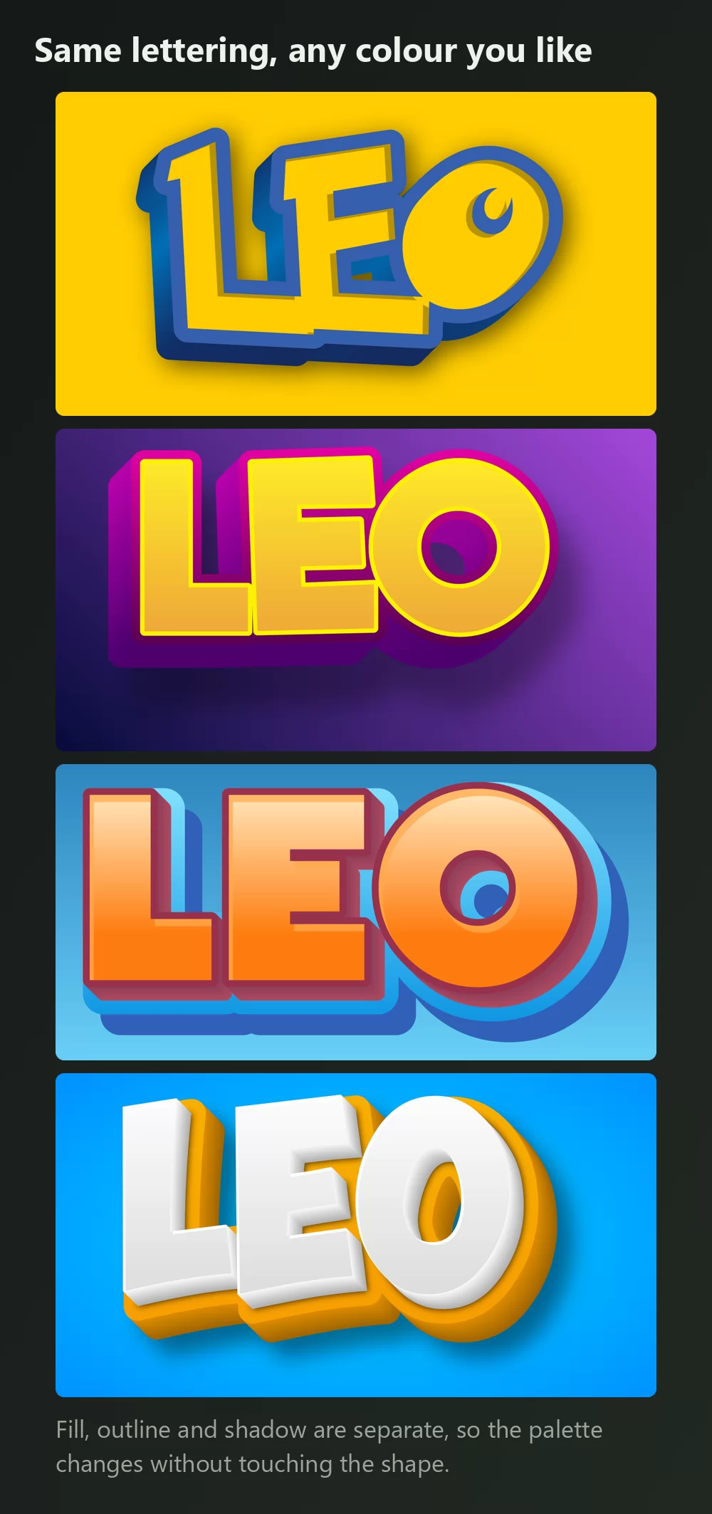 The same name rendered four times in Pokemon lettering with different colours: yellow on yellow, yellow on purple, orange on light blue and white on blue
