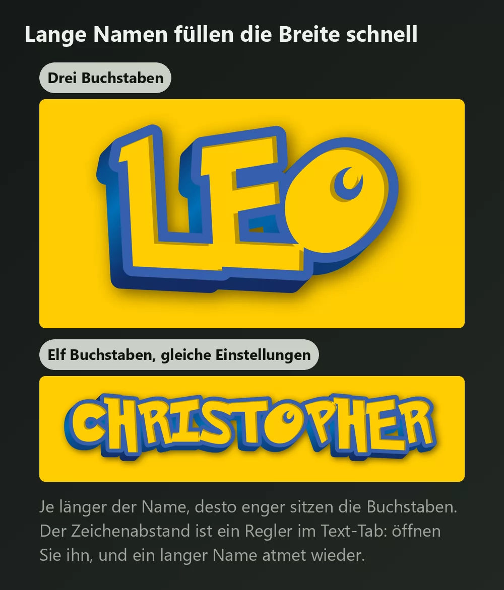 Ein Name mit drei Buchstaben und einer mit elf Buchstaben im selben Pokemon-Lettering, der längere merklich enger
