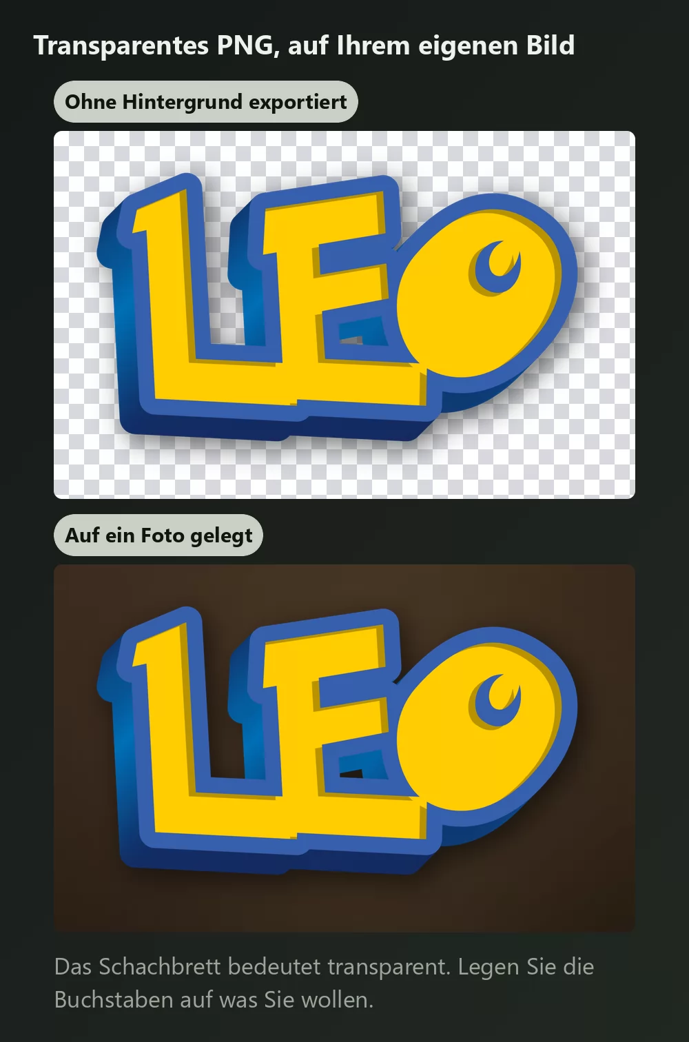 Dasselbe Lettering zweimal gezeigt, einmal auf einem Schachbrett als Zeichen für transparenten Hintergrund, und einmal auf einem dunklen warmen Fotohintergrund