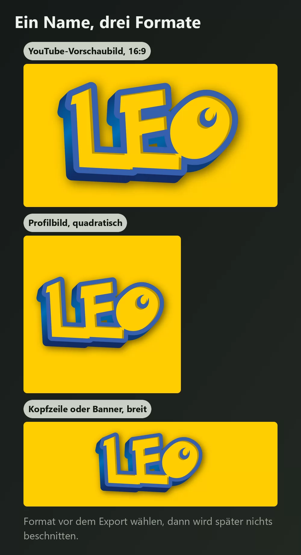 Derselbe Name dreifach exportiert: ein breites 16 zu 9 Vorschaubild, ein quadratisches Profilbild und ein breites schmales Banner