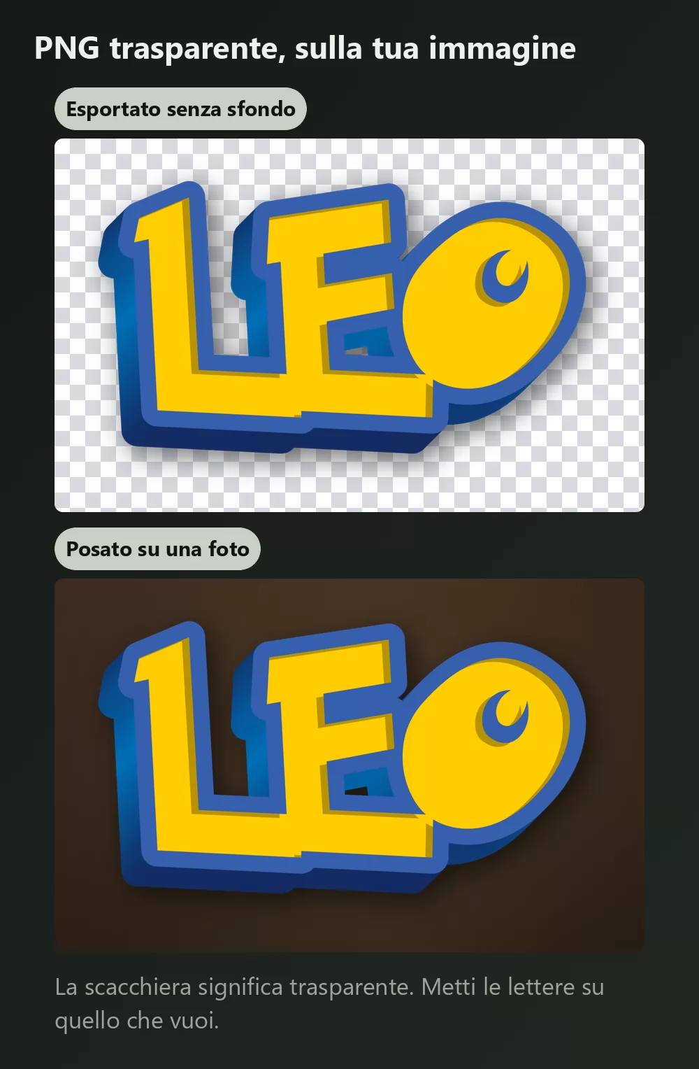 Lo stesso lettering mostrato due volte, prima su una scacchiera che indica lo sfondo trasparente, poi posato su uno sfondo fotografico scuro e caldo