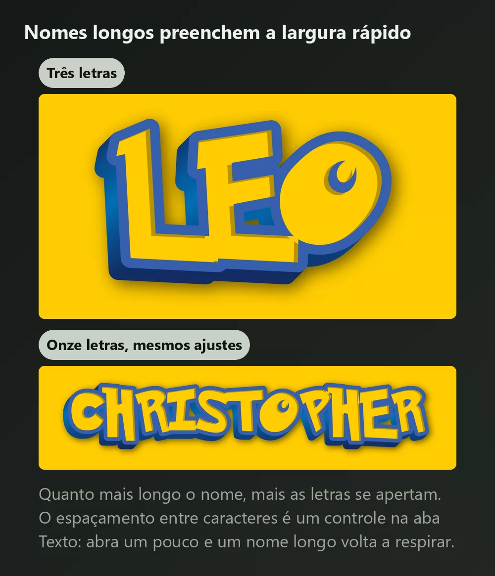 Um nome de três letras e outro de onze letras no mesmo lettering Pokémon, o mais longo visivelmente mais apertado