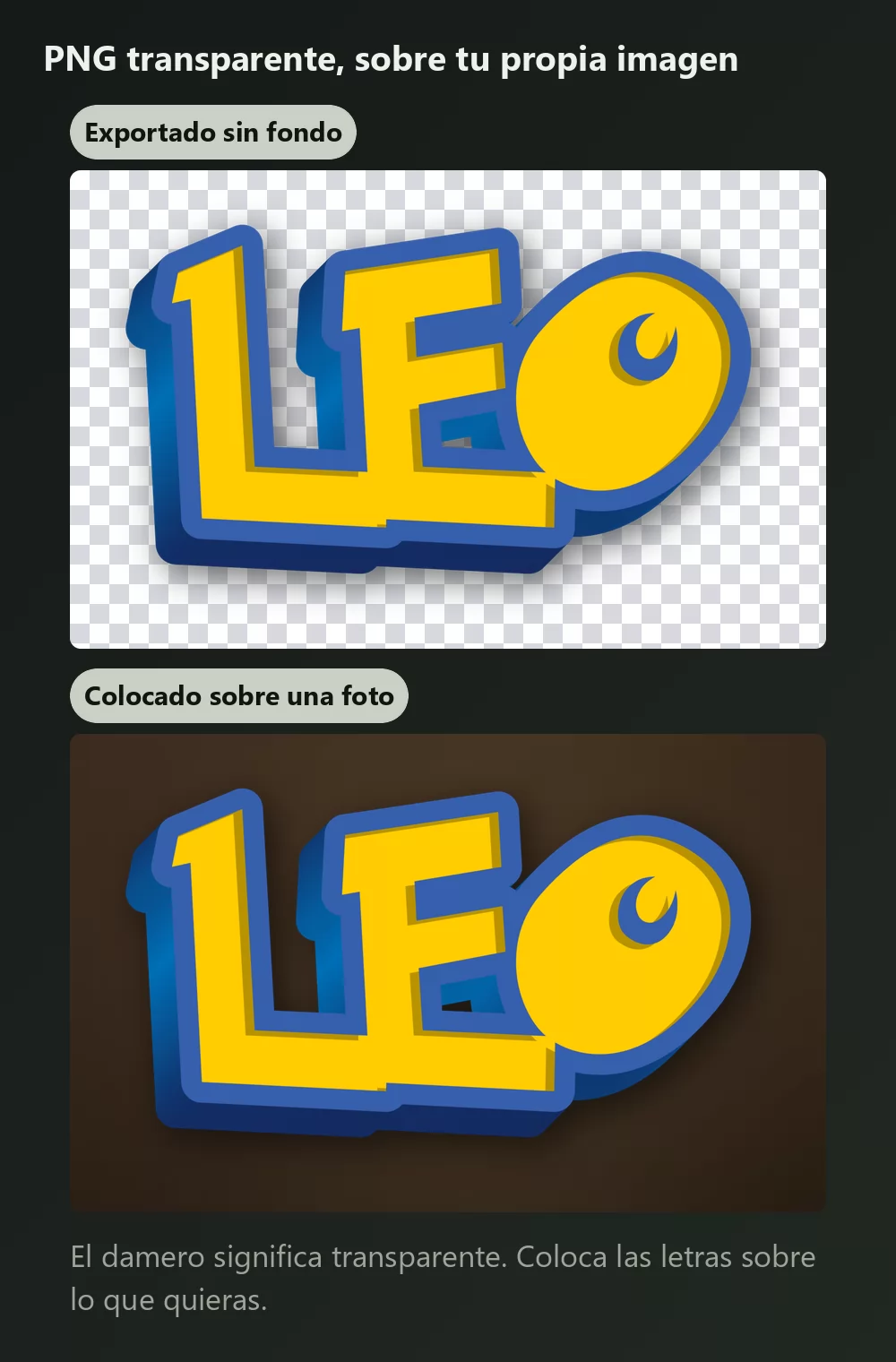 El mismo lettering mostrado dos veces, primero sobre un damero que indica fondo transparente y después colocado sobre un fondo de foto oscuro y cálido
