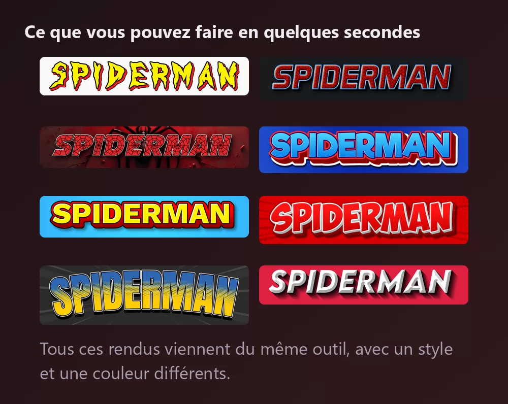 Huit versions du mot Spiderman en lettrage de comics : lettres jaunes dentelées à contour rouge, toile rouge à bord bleu, toile sur une silhouette d'araignée, lettres rouges et bleues en relief, jaune sur bleu ciel, lettres blanches sur explosion tramée rouge, trame jaune et bleue, et une italique blanche sur rouge