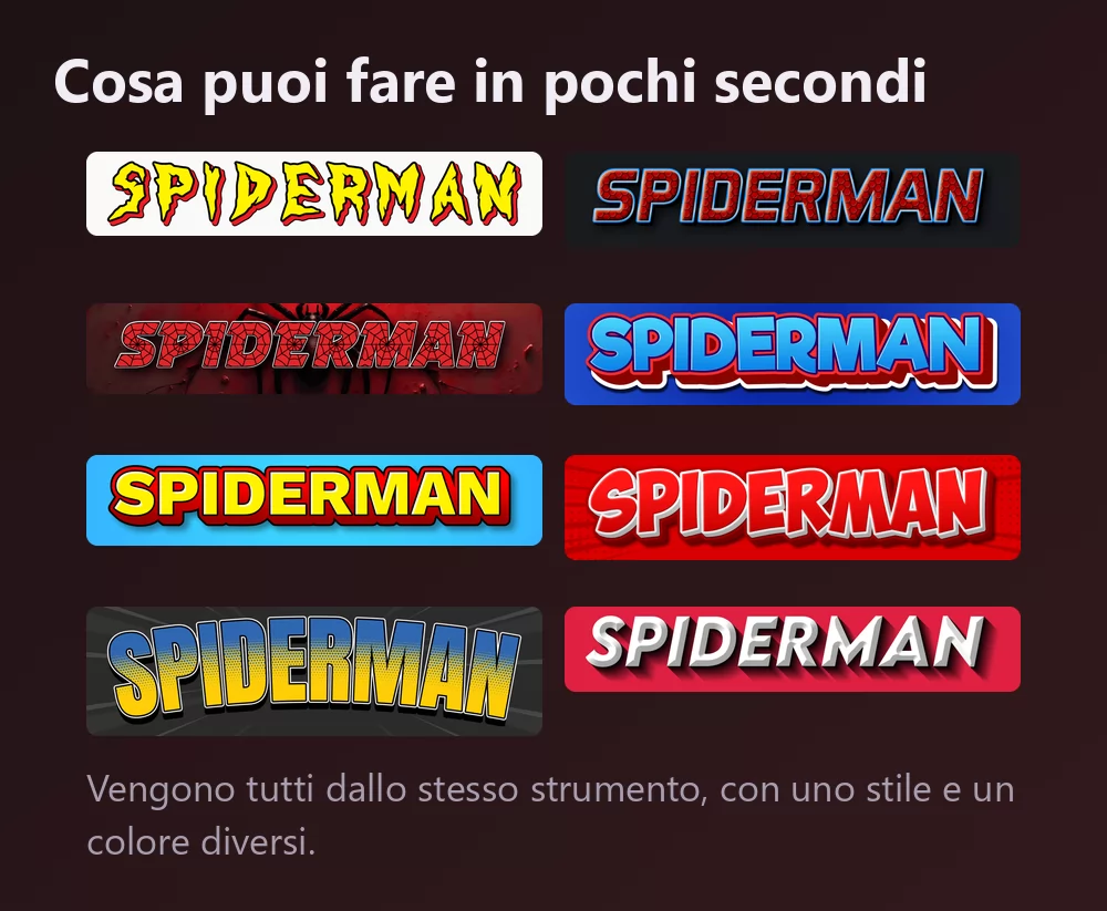 Otto versioni della parola Spiderman in lettering fumettistico: lettere gialle frastagliate con contorno rosso, ragnatela rossa con bordo blu, ragnatela su una sagoma di ragno, lettere rosse e blu in rilievo, giallo su azzurro, lettere bianche su un'esplosione a retino rossa, retino giallo e blu, e un corsivo bianco su rosso
