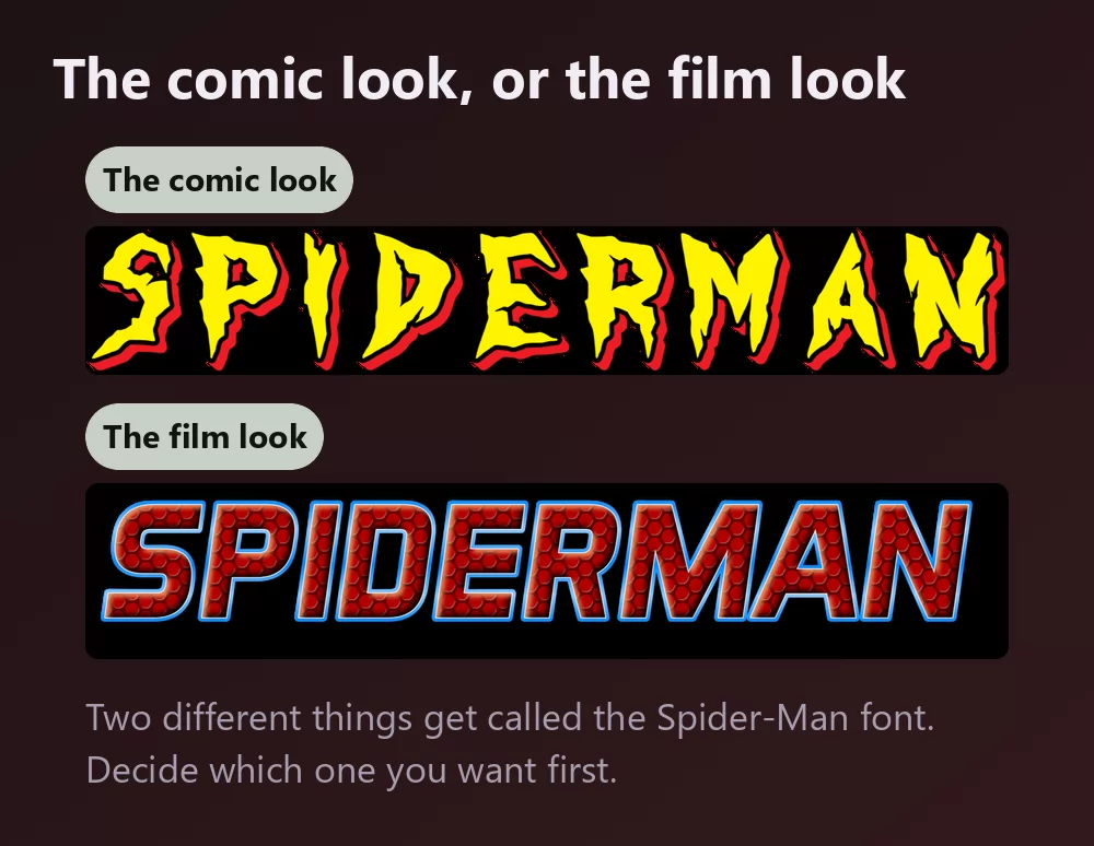 The same word shown twice, first in jagged yellow letters with a red outline, then in red webbing with a blue edge