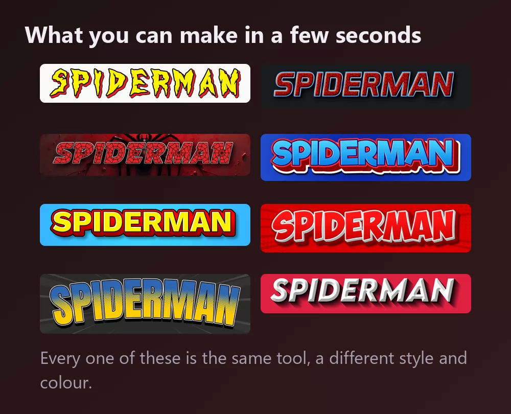 Eight versions of the word Spiderman in comic lettering: jagged yellow letters with a red outline, red webbing with a blue edge, webbing over a spider silhouette, red and blue three-dimensional letters, yellow on sky blue, white letters on a red halftone burst, yellow and blue halftone, and a white italic on red