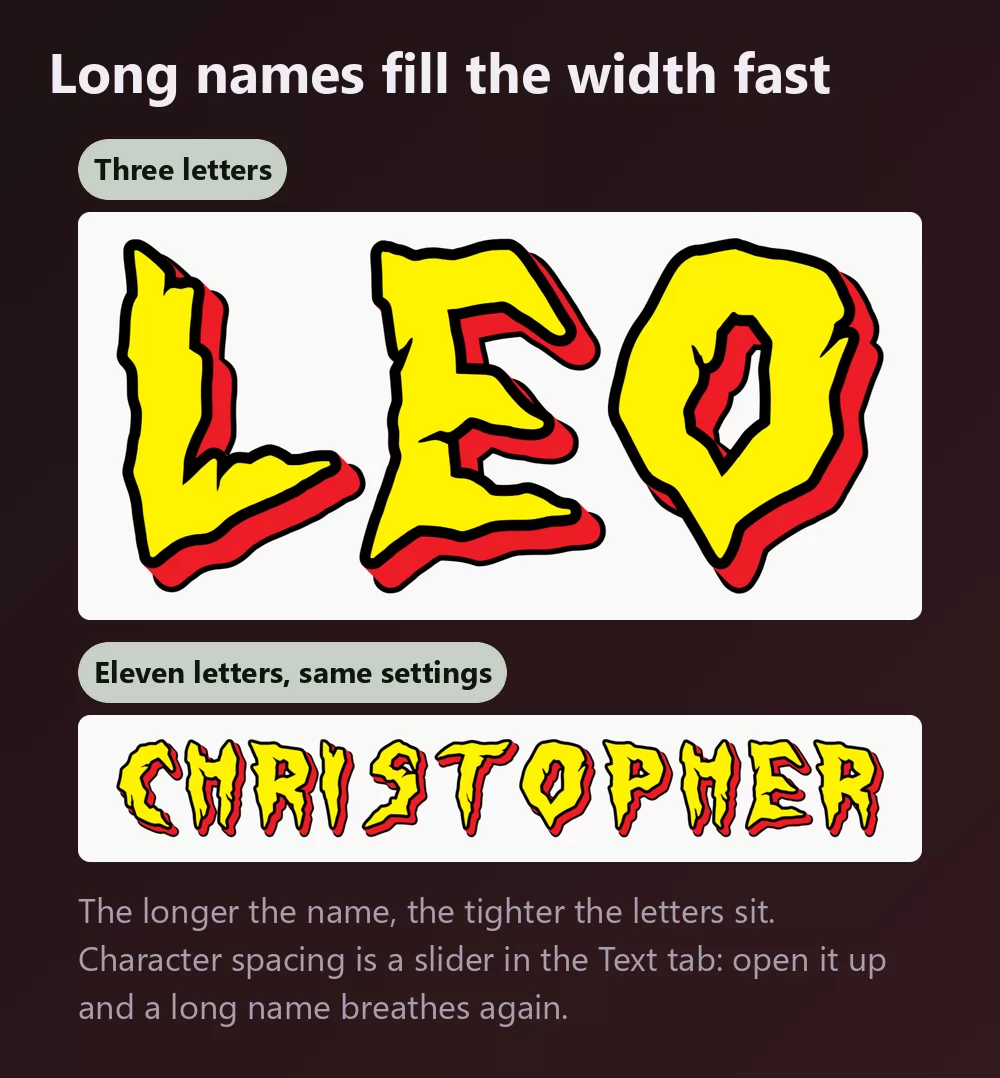 A three-letter name and an eleven-letter one in the same yellow and red lettering, the longer one visibly tighter
