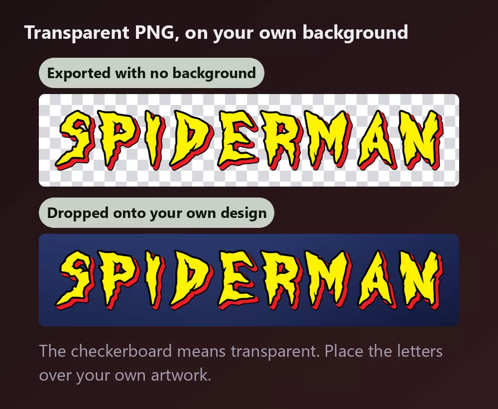 The same lettering shown twice, first on a checkerboard meaning a transparent background, then placed on a deep navy background