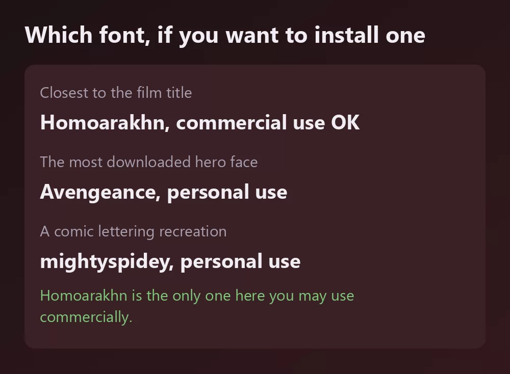 A card listing three Spider-Man related fonts with their licence: Homoarakhn marked commercial use OK, Avengeance as the most downloaded hero face for personal use, and mightyspidey as a comic lettering recreation for personal use