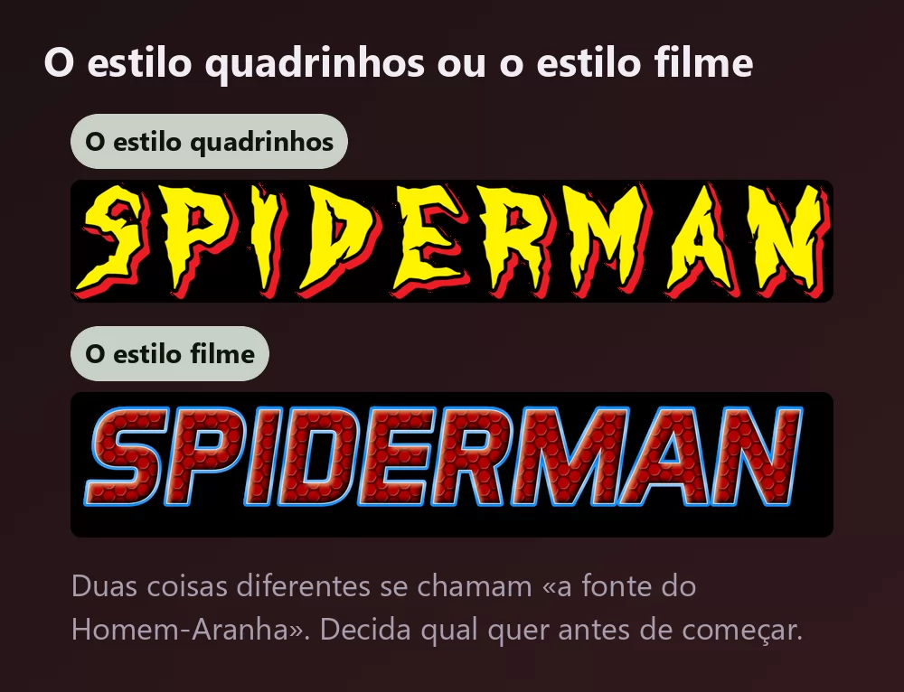 A mesma palavra mostrada duas vezes, primeiro em letras amarelas recortadas com contorno vermelho, depois em teia vermelha com borda azul