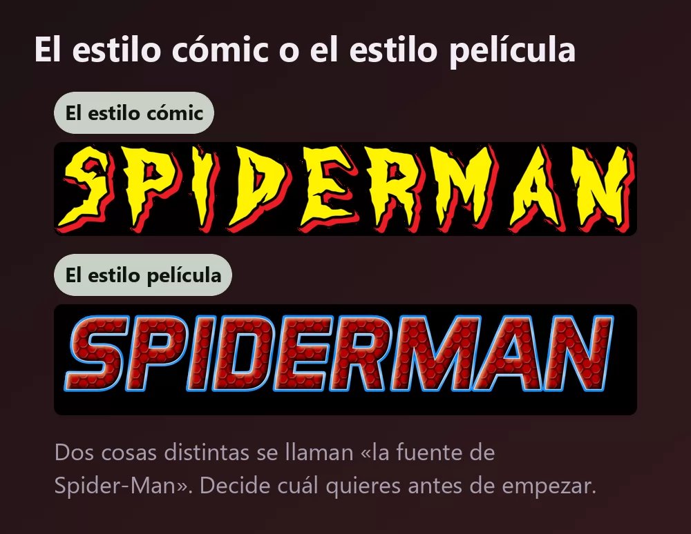 La misma palabra mostrada dos veces, primero en letras amarillas dentadas con contorno rojo, después en telaraña roja con borde azul