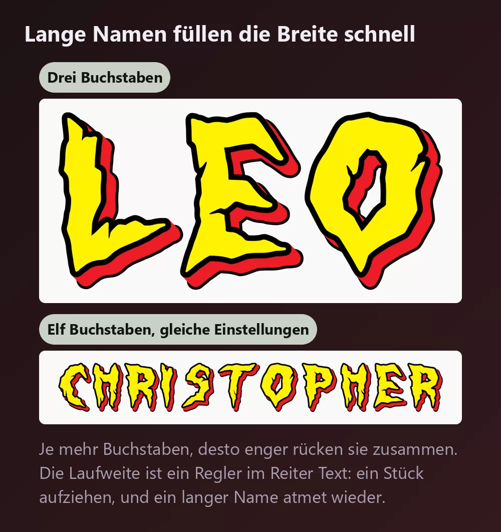 Ein Name mit drei Buchstaben und einer mit elf im selben gelb-roten Schriftzug, der längere sichtbar enger gesetzt