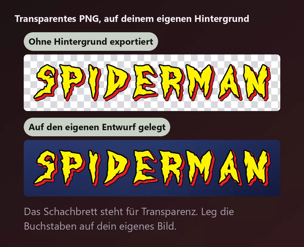 Derselbe Schriftzug zweimal gezeigt, zuerst auf einem Schachbrettmuster für transparenten Hintergrund, dann auf einem tiefblauen Grund
