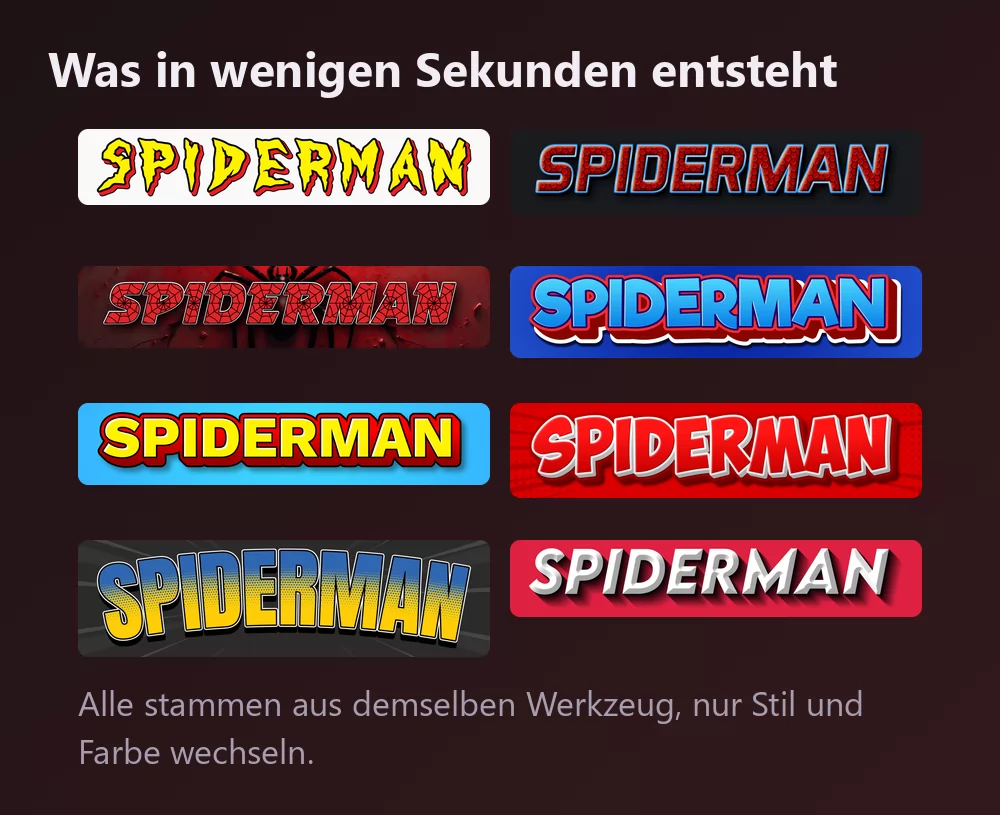 Acht Versionen des Wortes Spiderman in Comic-Lettering: gezackte gelbe Buchstaben mit roter Kontur, rotes Netz mit blauer Kante, Netz über einer Spinnensilhouette, rot-blaue plastische Buchstaben, Gelb auf Himmelblau, weiße Buchstaben auf einer roten Halbton-Explosion, gelb-blauer Halbton und eine weiße Kursive auf Rot