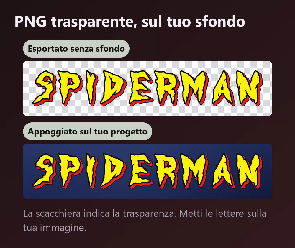 Lo stesso lettering mostrato due volte, prima su una scacchiera che indica lo sfondo trasparente, poi appoggiato su uno sfondo blu notte