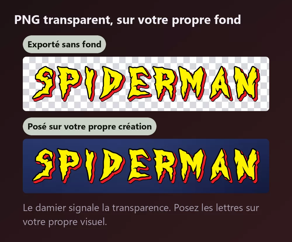 Le même lettrage montré deux fois, d'abord sur un damier signalant un fond transparent, puis posé sur un fond bleu nuit