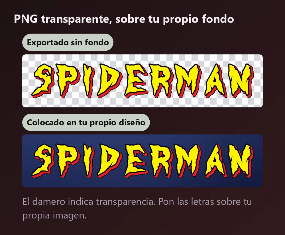 El mismo lettering mostrado dos veces, primero sobre un damero que indica fondo transparente y después colocado sobre un fondo azul noche