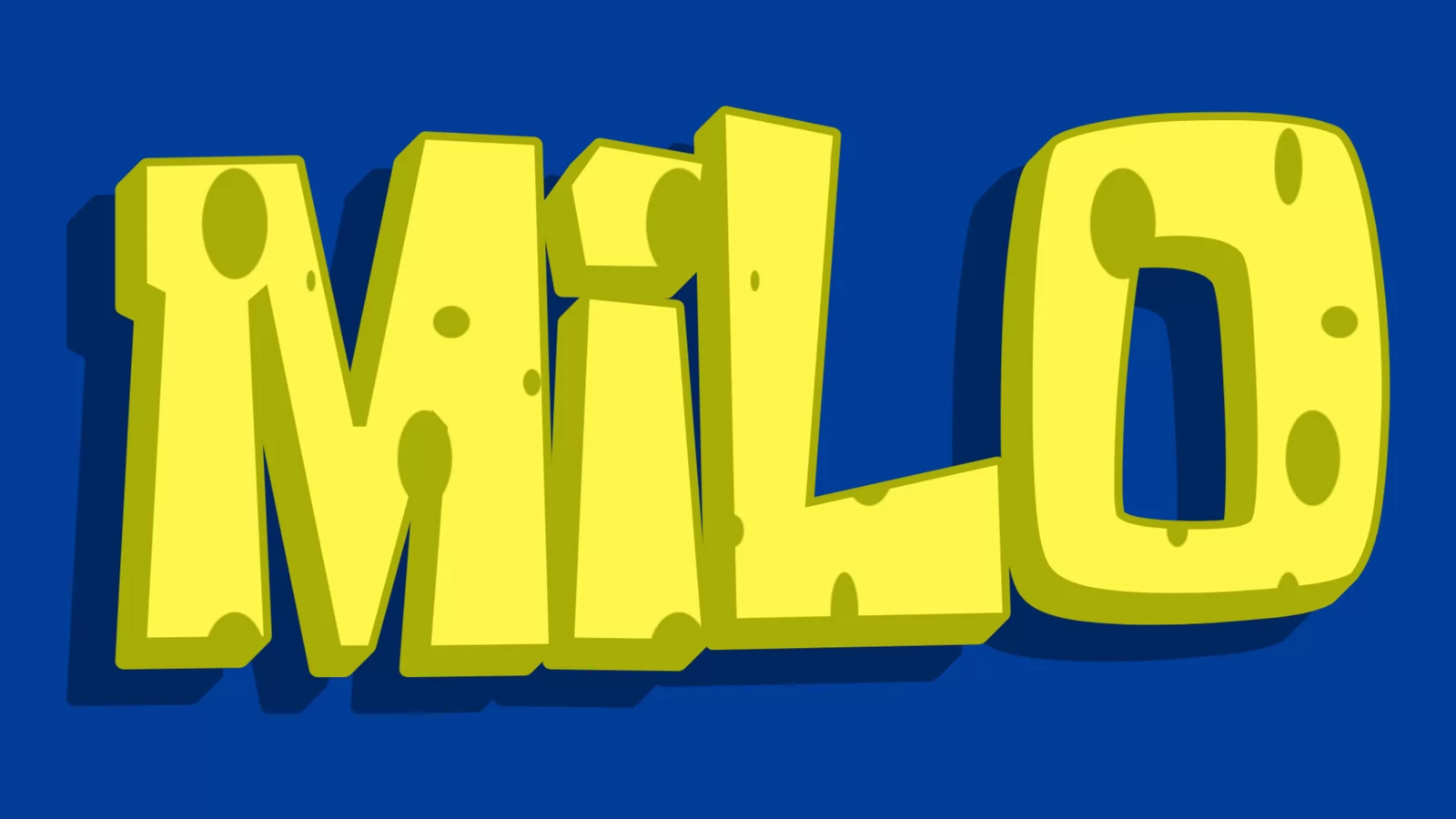 A SpongeBob style logo reading Milo in chunky yellow sponge-textured letters with holes and a dark outline, on a deep blue background