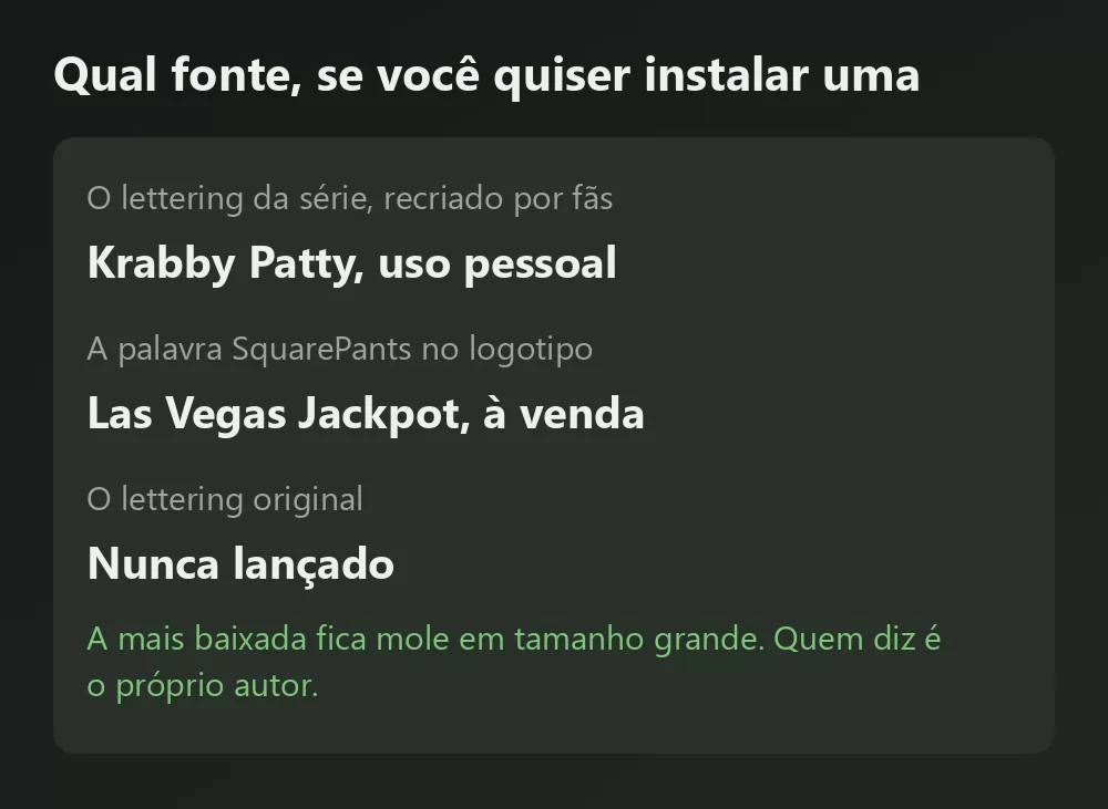 Um cartão com três fontes ligadas ao Bob Esponja e sua situação: Krabby Patty apenas uso pessoal, Las Vegas Jackpot à venda, e o lettering original nunca lançado
