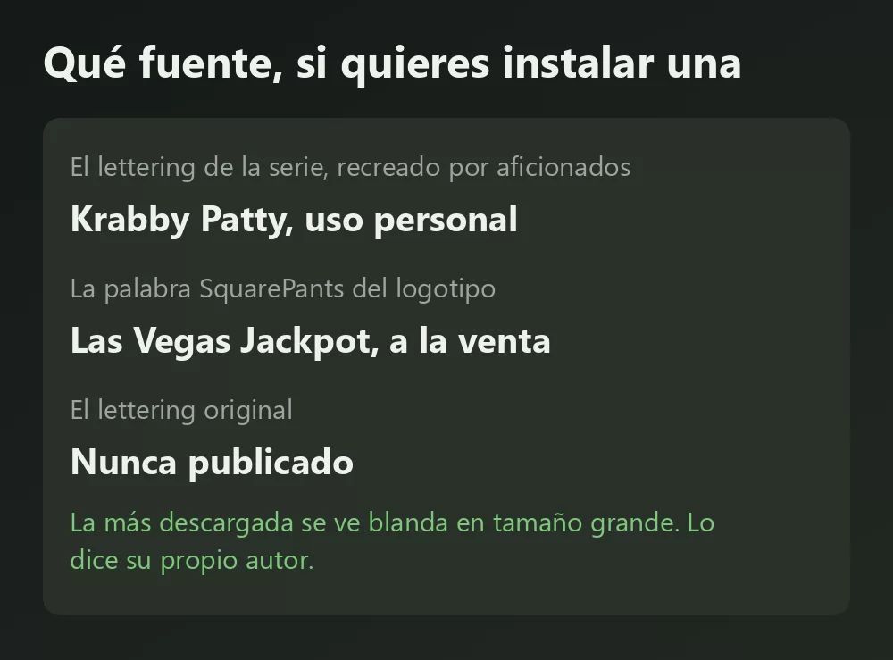 Una ficha con tres fuentes relacionadas con Bob Esponja y su situación: Krabby Patty solo uso personal, Las Vegas Jackpot a la venta, y el lettering original nunca publicado