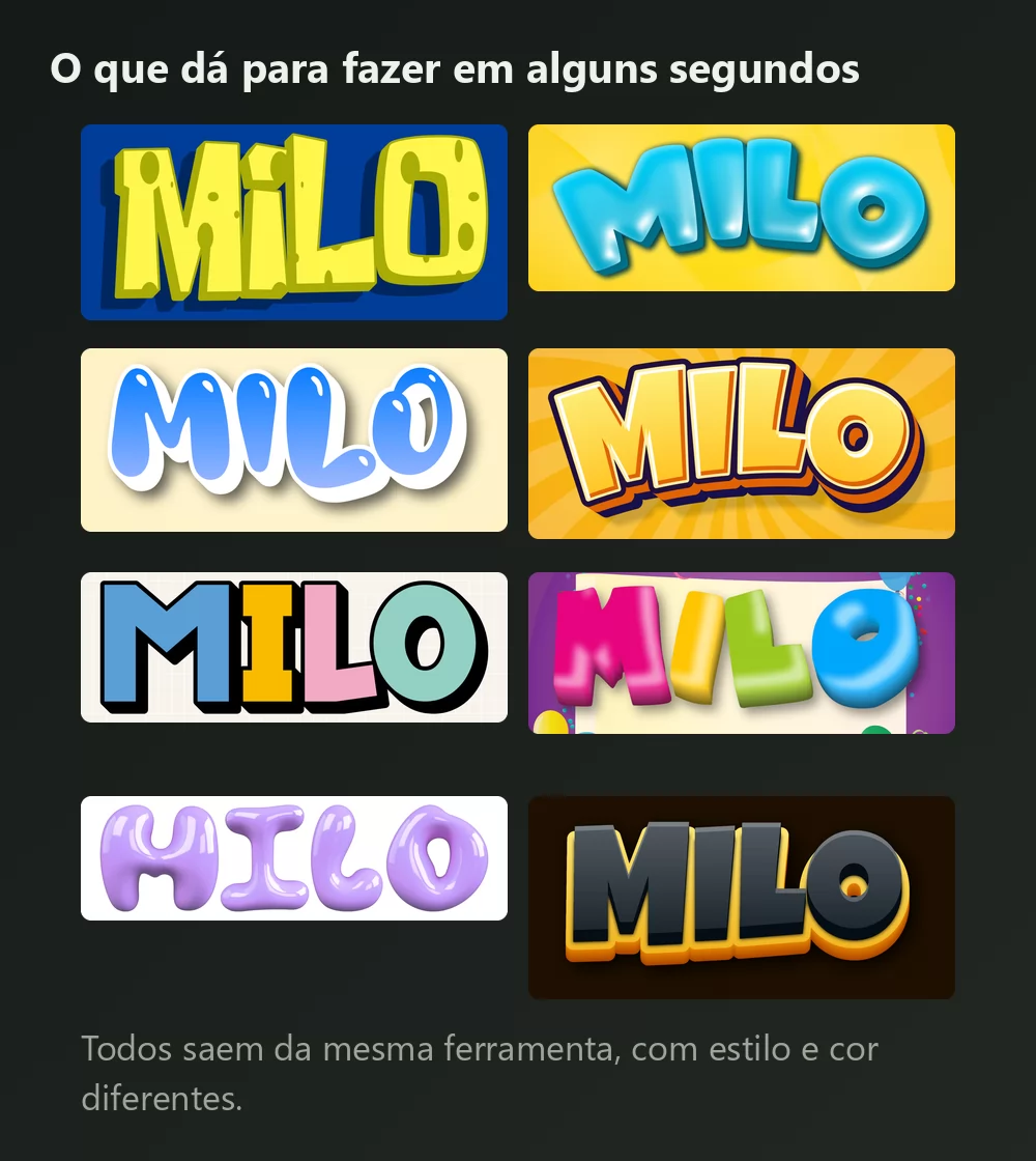 Oito versões do mesmo nome em lettering de desenho: esponja amarela sobre azul, bolha azul brilhante, contorno azul, explosão laranja, multicolorido chapado, balões de festa, bolha roxa e amarelo sobre preto