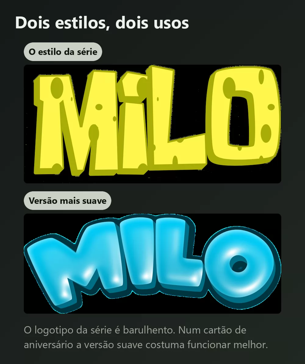 O mesmo nome mostrado duas vezes, primeiro em letras amarelas com textura de esponja e contorno escuro, depois em letras bolha azuis arredondadas e brilhantes