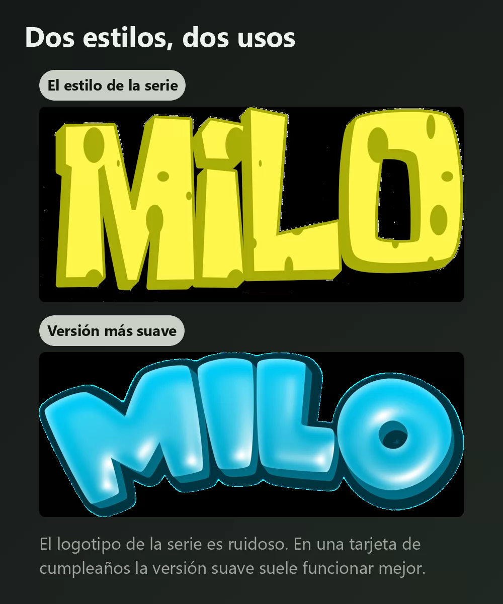 El mismo nombre mostrado dos veces, primero en letras amarillas con textura de esponja y contorno oscuro, después en letras burbuja azules redondeadas y brillantes
