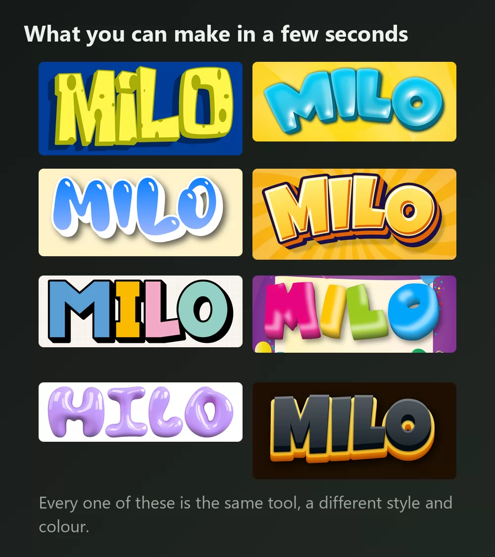 Eight versions of the same name in cartoon lettering: yellow sponge on blue, glossy blue bubble, blue outline, orange sunburst, flat multicolour, party balloons, purple bubble and yellow on black