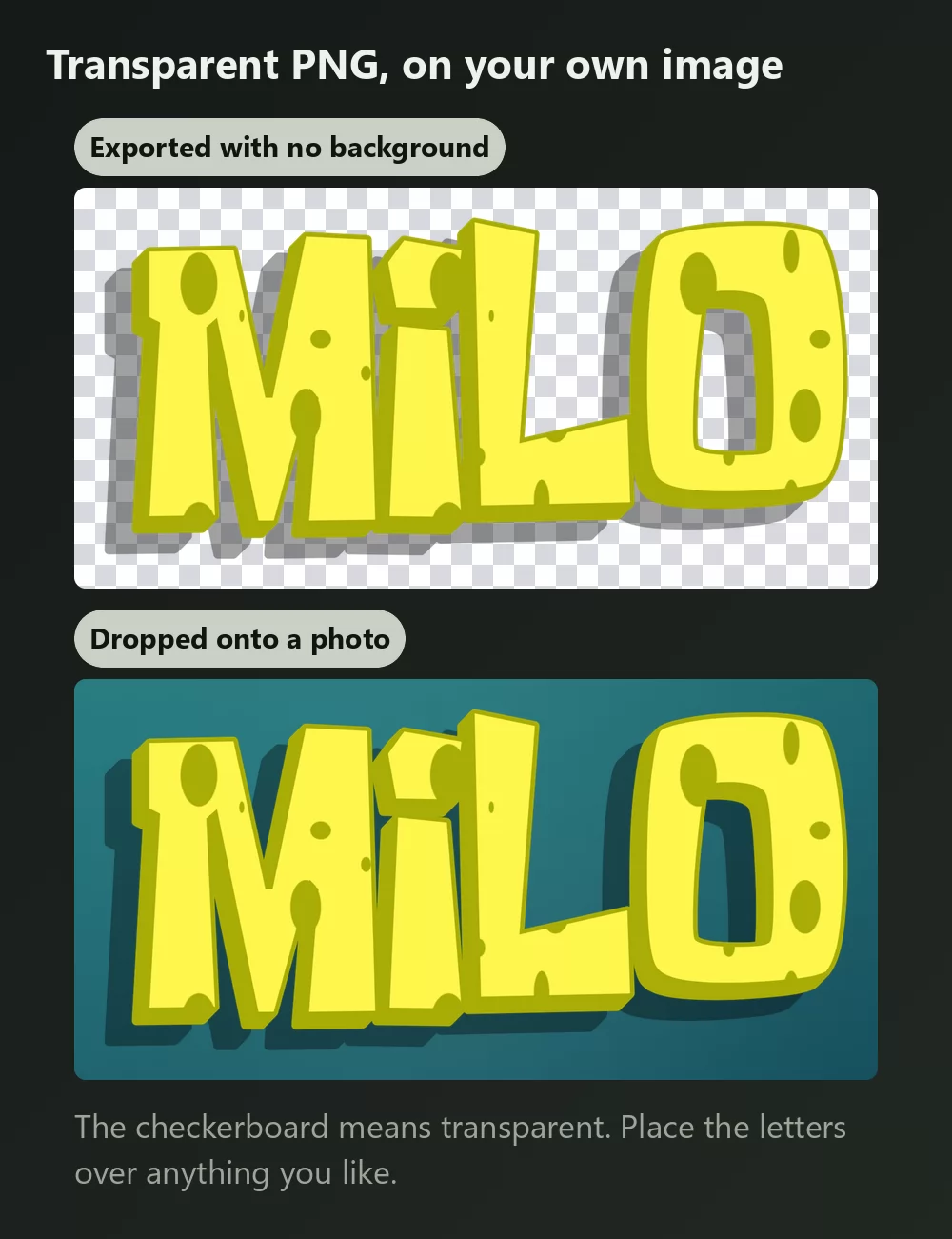 The same lettering shown twice, once on a checkerboard meaning a transparent background, and once placed over a turquoise underwater style photo background