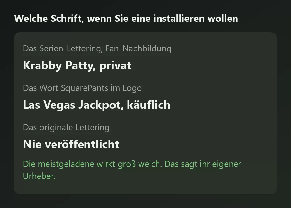 Eine Karte mit drei SpongeBob-Schriften und ihrem Status: Krabby Patty nur privat, Las Vegas Jackpot käuflich, und das originale Lettering nie veröffentlicht