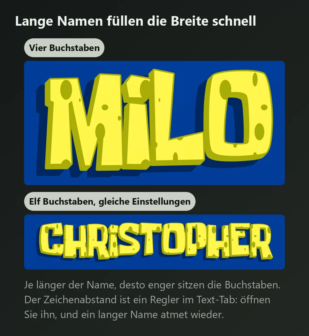 Ein Name mit vier Buchstaben und einer mit elf Buchstaben im selben Schwamm-Lettering, der längere merklich enger