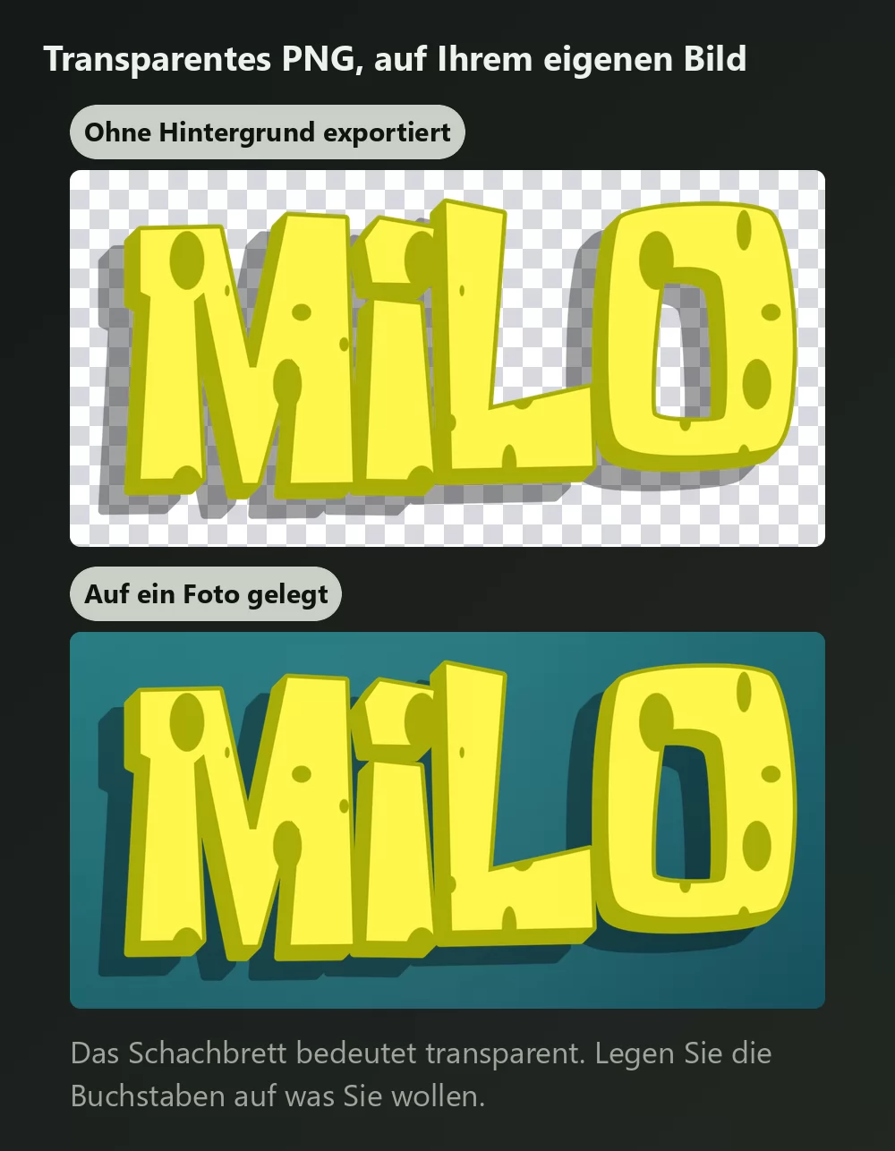 Dasselbe Lettering zweimal gezeigt, einmal auf einem Schachbrett als Zeichen für transparenten Hintergrund, und einmal auf einem türkisfarbenen Unterwasser-Fotohintergrund