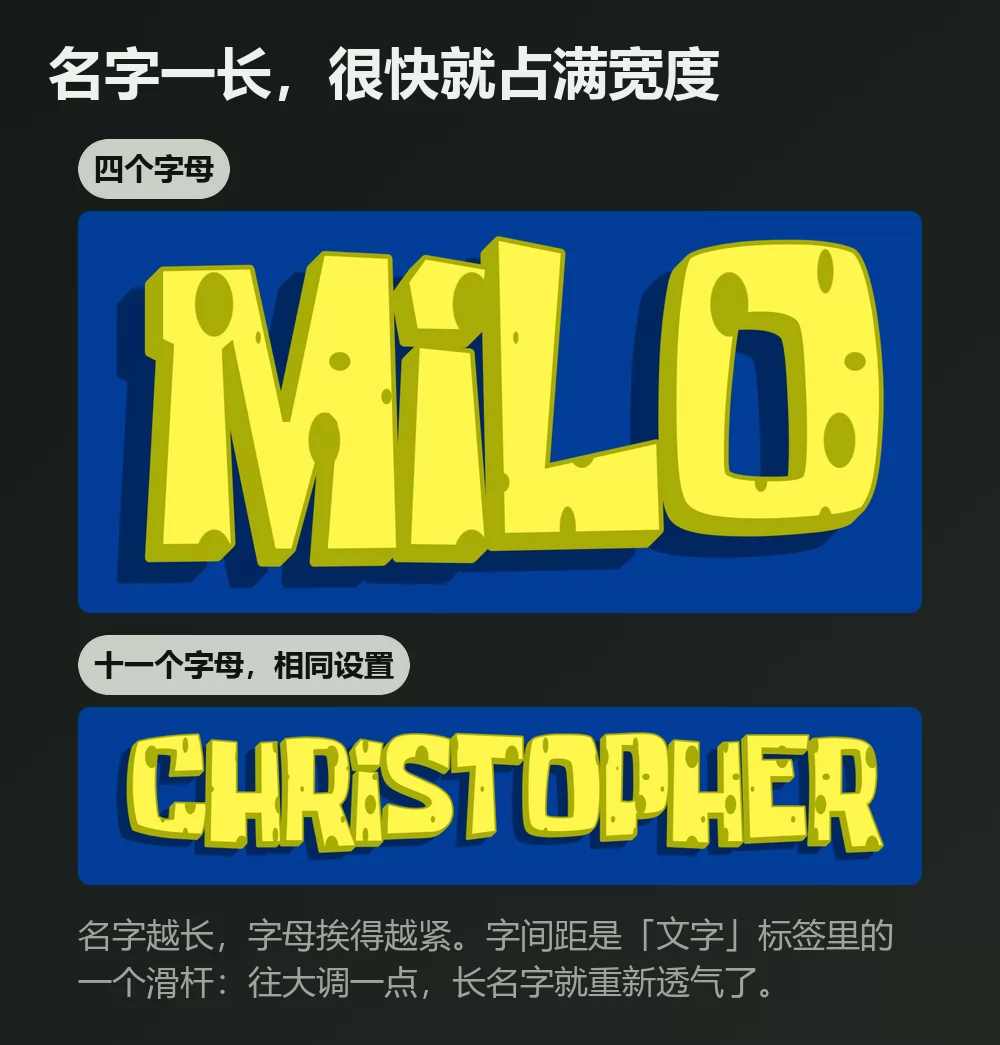 一个四个字母的名字和一个十一个字母的名字，采用同样的海绵字体，长的那个明显更挤