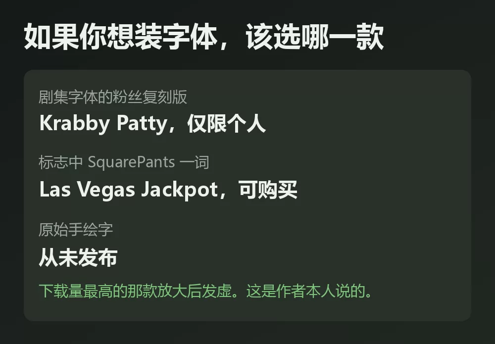 一张卡片列出三款与海绵宝宝相关的字体及其状态：Krabby Patty 仅限个人使用、Las Vegas Jackpot 可购买、原始手绘字从未发布