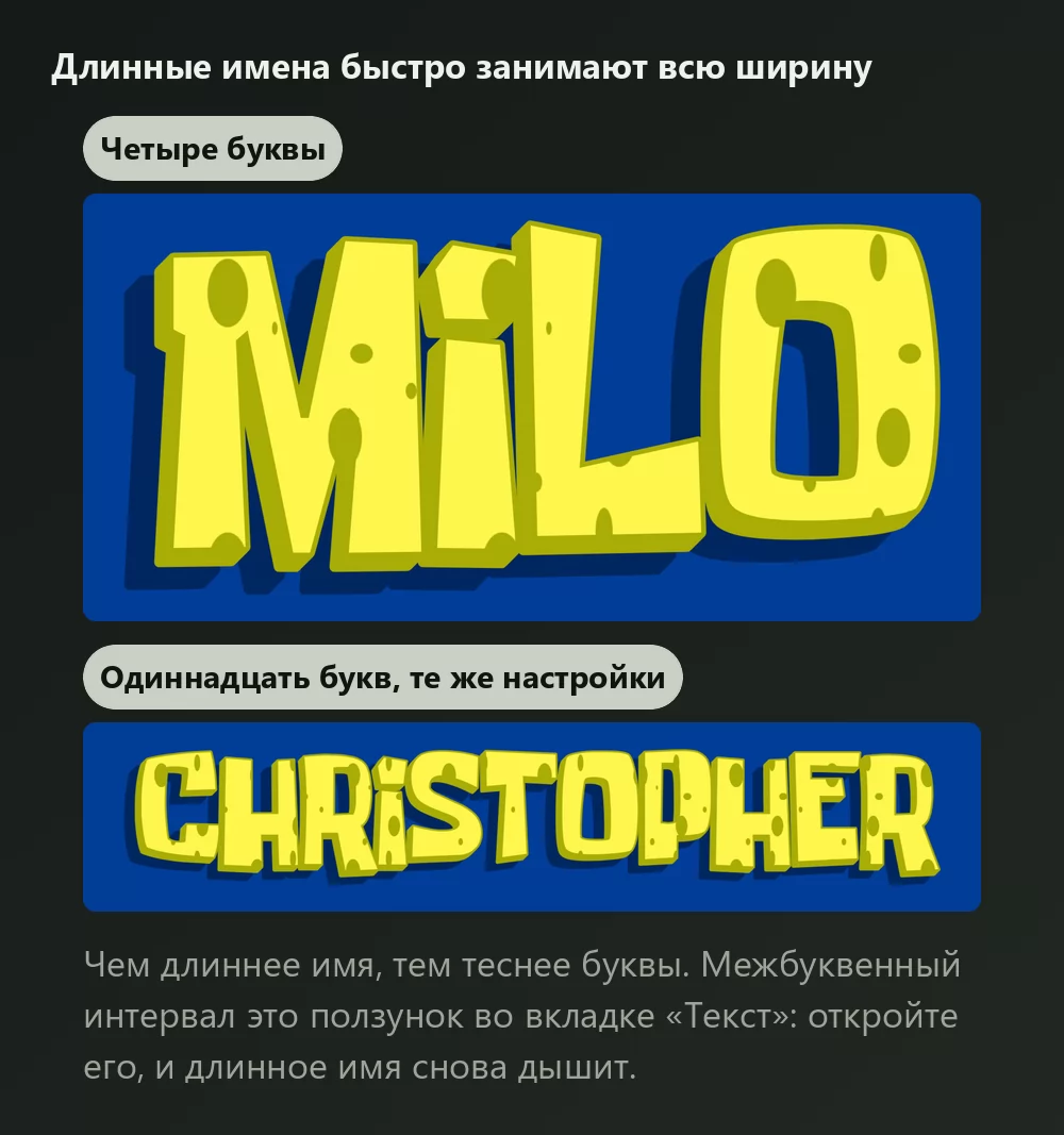 Имя из четырёх букв и имя из одиннадцати букв в одном и том же губчатом начертании, длинное заметно теснее