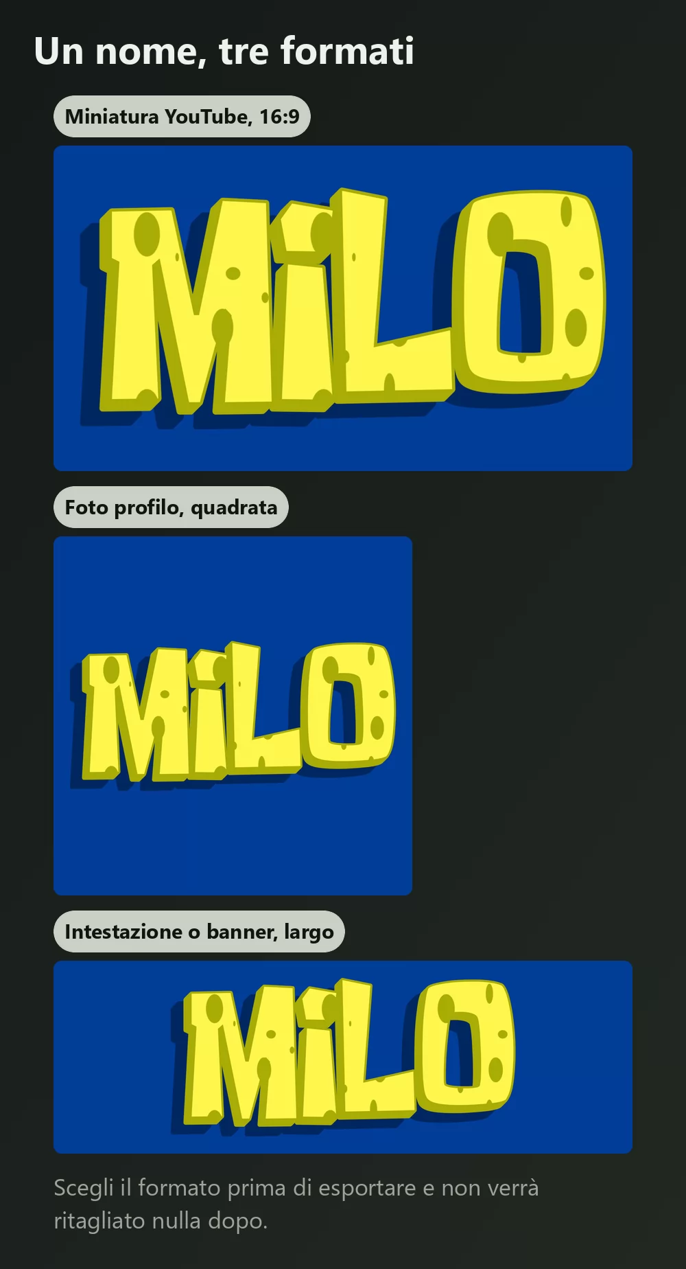 Lo stesso nome esportato in tre modi: una miniatura larga in 16 a 9, una foto profilo quadrata e un banner largo e sottile