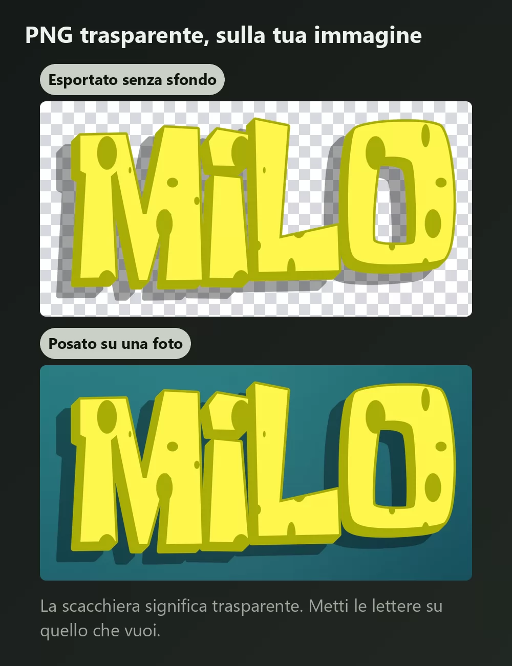Lo stesso lettering mostrato due volte, prima su una scacchiera che indica lo sfondo trasparente, poi posato su uno sfondo turchese che richiama il fondale marino