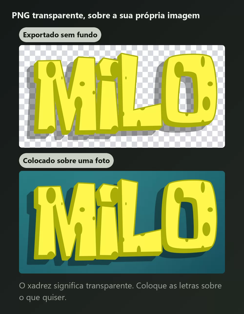 O mesmo lettering mostrado duas vezes, primeiro sobre um xadrez indicando fundo transparente, depois colocado sobre um fundo turquesa que lembra o fundo do mar