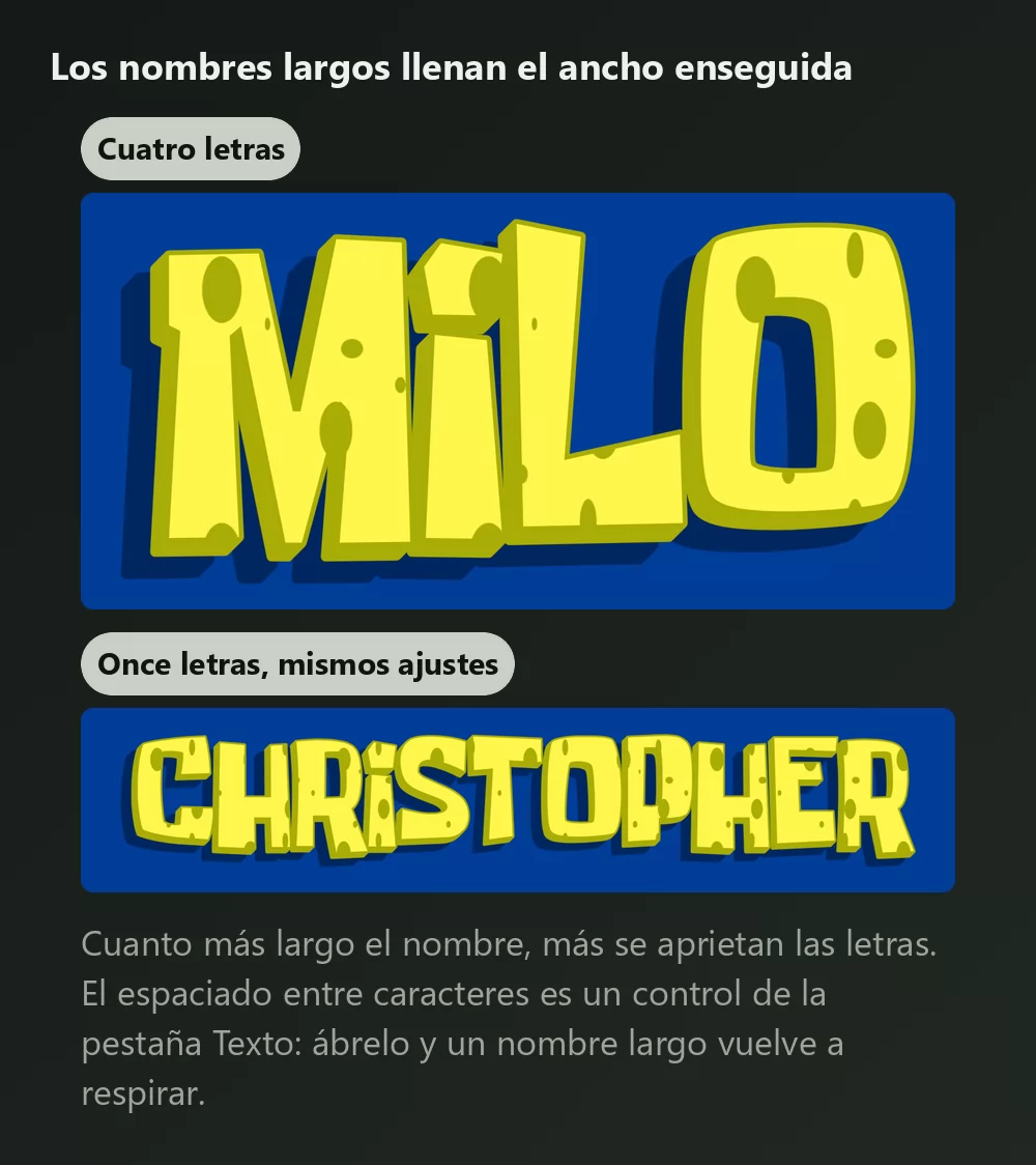 Un nombre de cuatro letras y otro de once letras en el mismo lettering de esponja, el largo notablemente más apretado