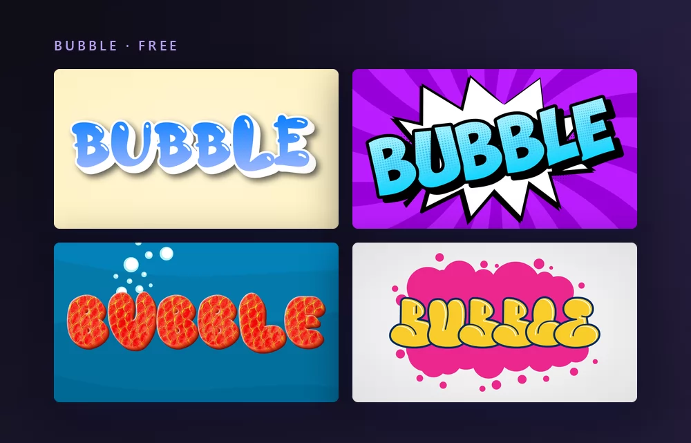 Four bubble text effects rendering the word BUBBLE: blue glossy capitals on cream, light blue letters on a purple comic burst, fat red letters on blue, and yellow bubble letters on a pink cloud