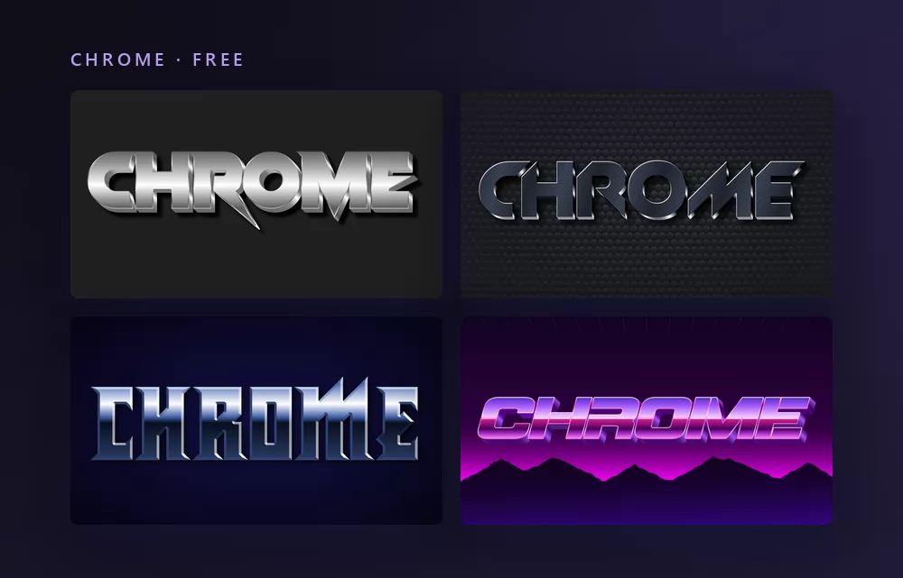 Four chrome text effects rendering the word CHROME: polished silver on dark grey, brushed metal on a dark texture, angular blue steel, and a purple retro chrome