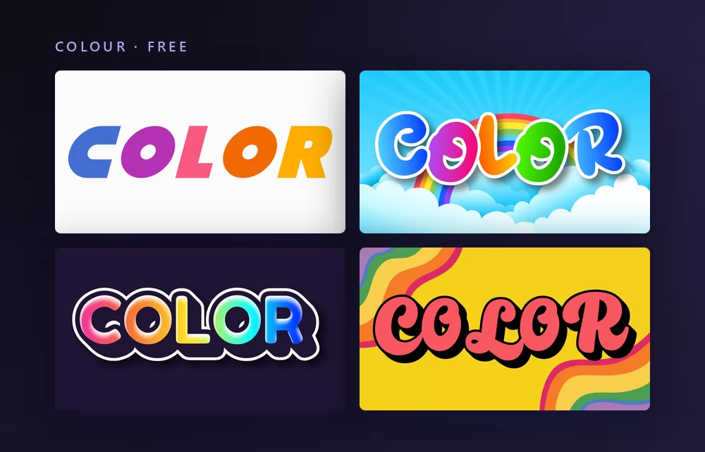 Four colour text effects rendering the word COLOR: one colour per letter on white, rainbow letters over clouds, multicoloured bubble capitals, and pink letters on retro rainbow stripes