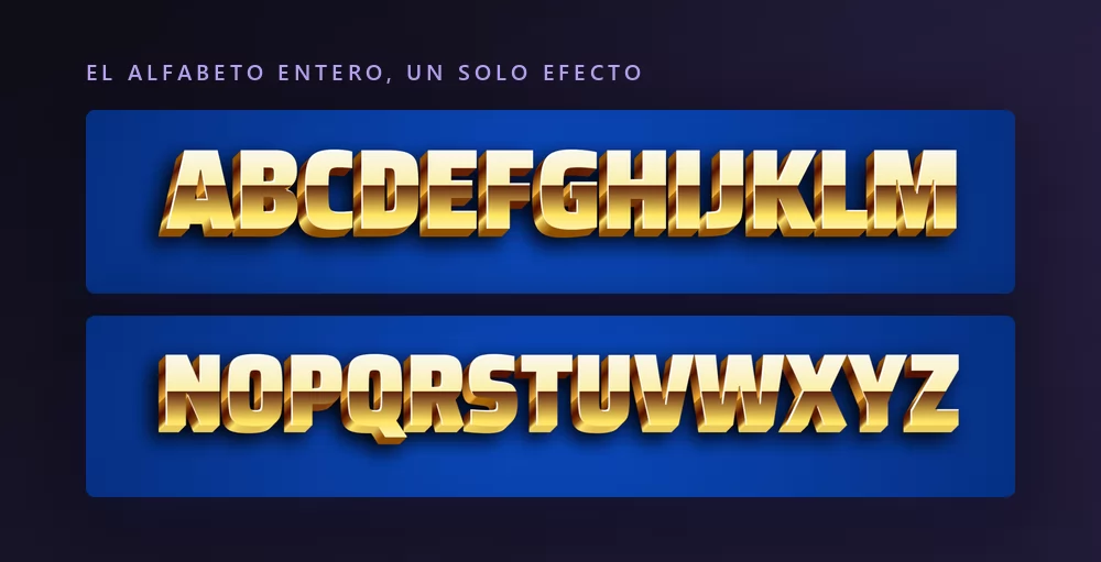 El alfabeto latino de la A a la Z renderizado con un efecto de texto dorado y biselado, en dos filas sobre un fondo oscuro