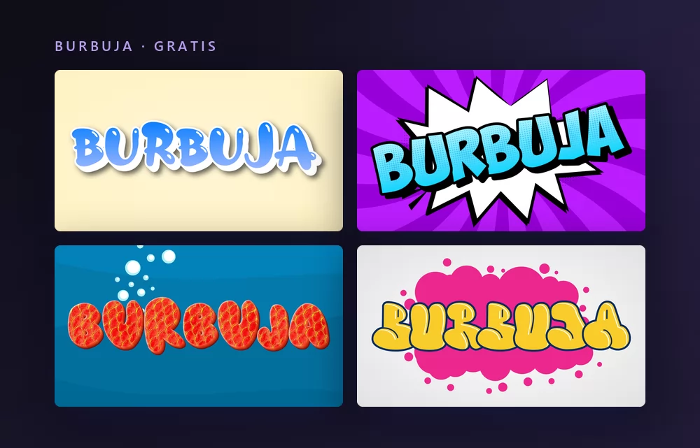 Cuatro efectos de texto burbuja renderizando la palabra BURBUJA: mayúsculas azules brillantes sobre crema, letras azules en un estallido cómic sobre morado, letras rojas gordas sobre azul, y letras burbuja amarillas sobre una nube rosa