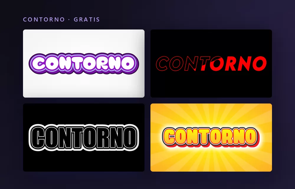 Cuatro efectos de texto con contorno renderizando la palabra CONTORNO: mayúsculas blancas con contornos morados superpuestos, letras rojas contorneadas sobre negro, un contorno en blanco y negro, y letras amarillas con contorno rojo sobre un sol radiante amarillo