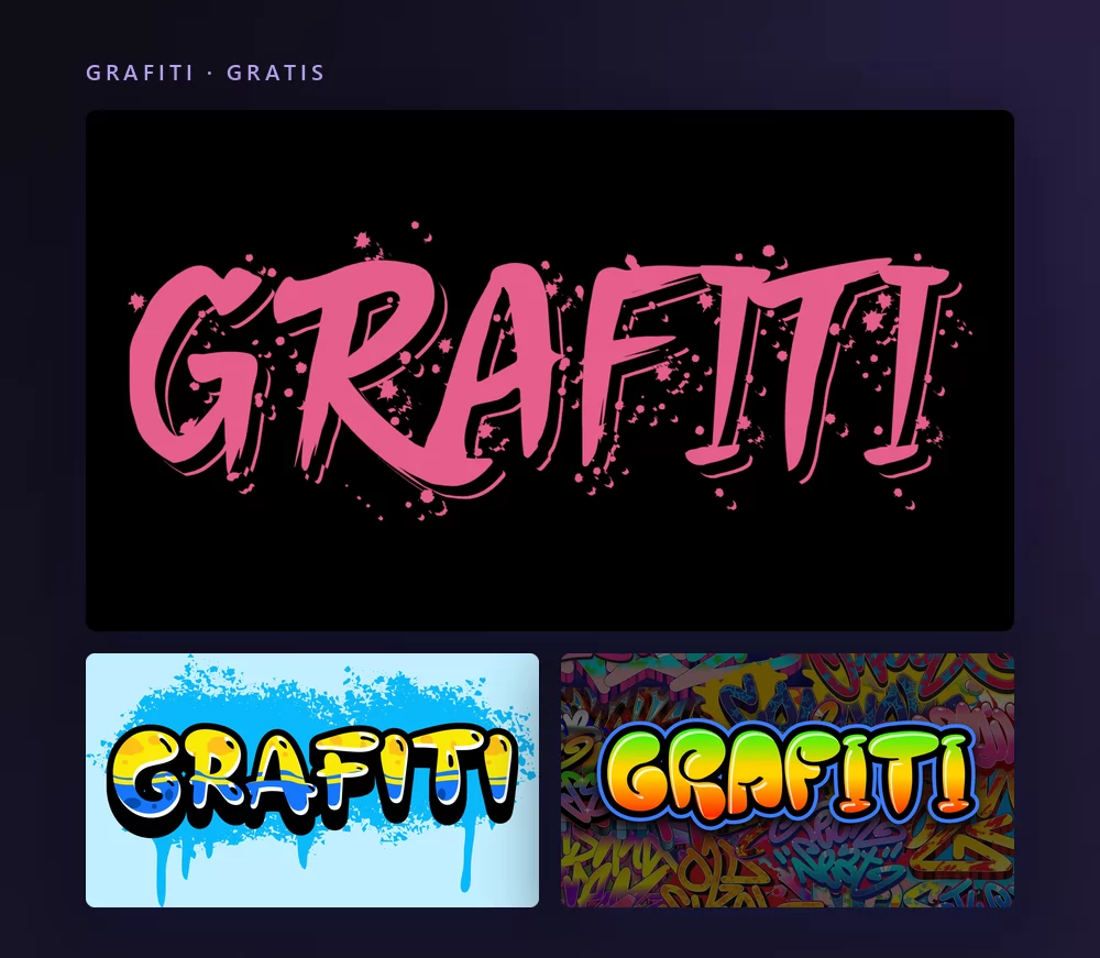 Tres efectos de texto grafiti renderizando la palabra GRAFITI: un tag rosa con spray sobre negro, letras amarillas con goteos sobre azul claro, y letras de colores sobre una pared pintada